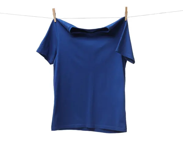 One Blue Shirt Drying Washing Line Isolated White — Stock Photo, Image