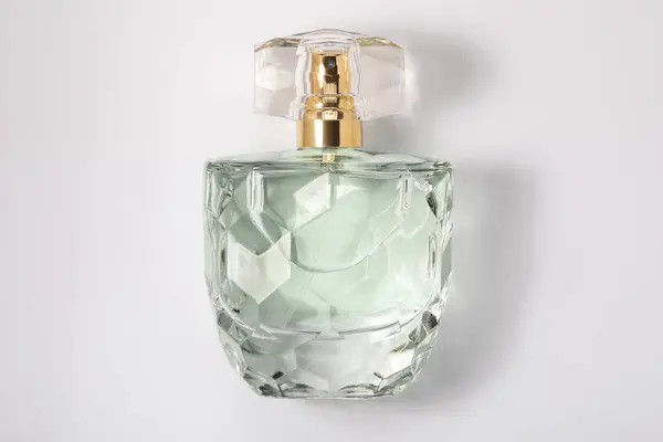 Luxus Női Parfüm Üveg Fehér Háttér Felső Nézet — Stock Fotó