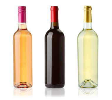 Beyaz, gül ve kırmızı şarap şişeleri, beyaz, set