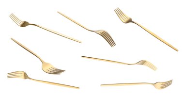Parlak altın çatallar beyaz üzerinde izole, set