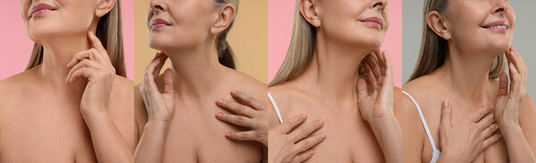 Woman touching her neck on color backgrounds, set of photos