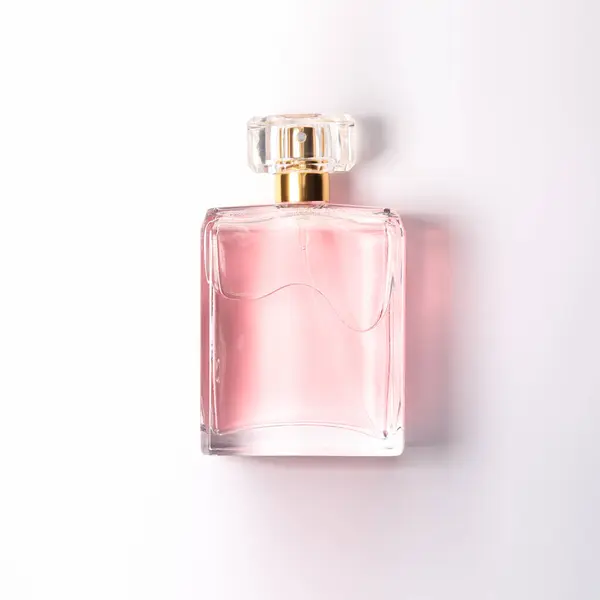 Różowe Kobiece Perfumy Butelce Białym Tle Widok Góry — Zdjęcie stockowe