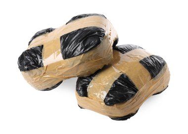 Uyuşturuculu paketler beyaza izole edilmiş. Uyuşturucu bağımlılığı
