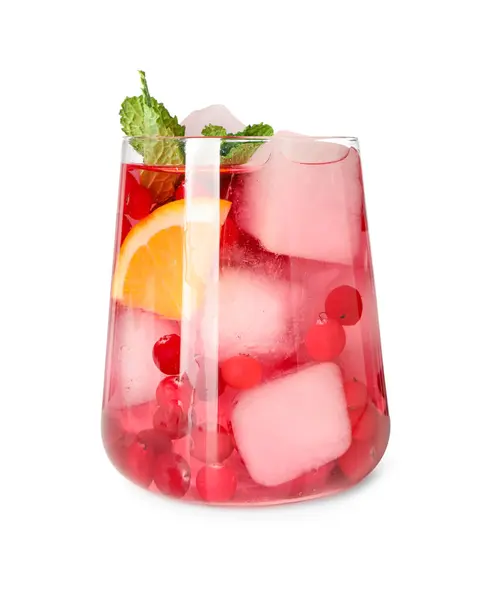 Smaklig Tranbärscocktail Med Isbitar Mynta Och Apelsin Glas Isolerad Vitt — Stockfoto