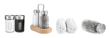 Different salt and pepper shakers isolated on white, set clipart