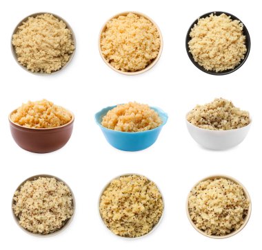 Kase içinde nefis kinoa lapası. Beyazlar üzerinde izole edilmiş.