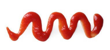 Lezzetli ketçap beyaza izole edilmiş, üst manzara. Domates sosu.