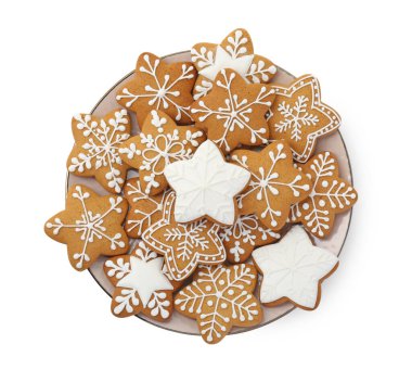 Lezzetli yıldız şekilli Noel kurabiyeleri, beyaz, üst manzara izole edilmiş.