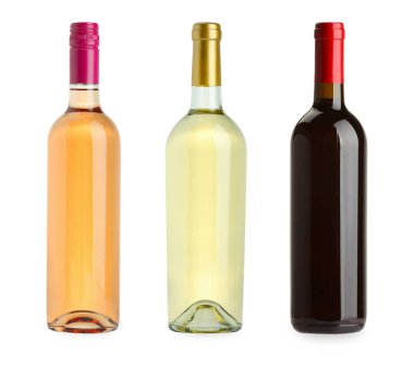 Beyaz, gül ve kırmızı şarap şişeleri, beyaz, set