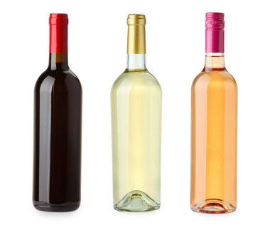Beyaz, gül ve kırmızı şarap şişeleri, beyaz, set