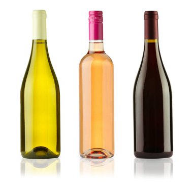 Beyaz, gül ve kırmızı şarap şişeleri, beyaz, set