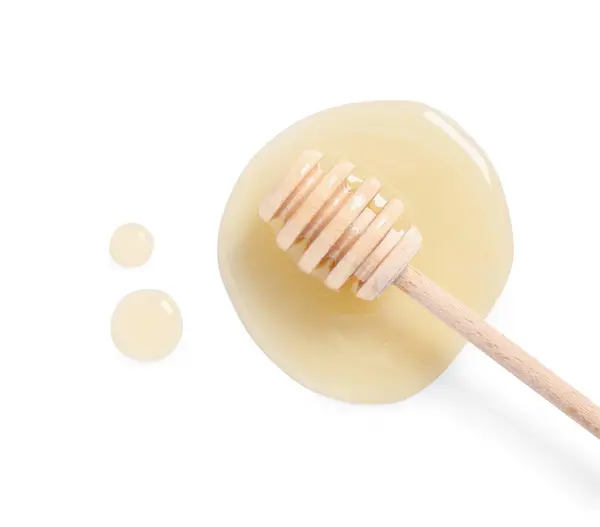 Lekkere Natuurlijke Honing Dipper Witte Achtergrond Bovenaanzicht — Stockfoto