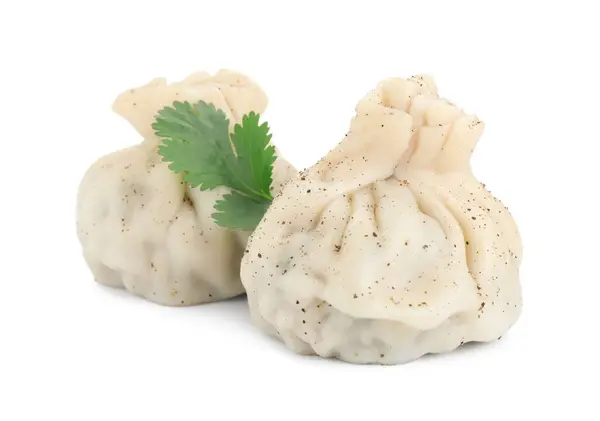 Twee Smakelijke Khinkali Knoedels Specerijen Geïsoleerd Wit Georgische Keuken — Stockfoto