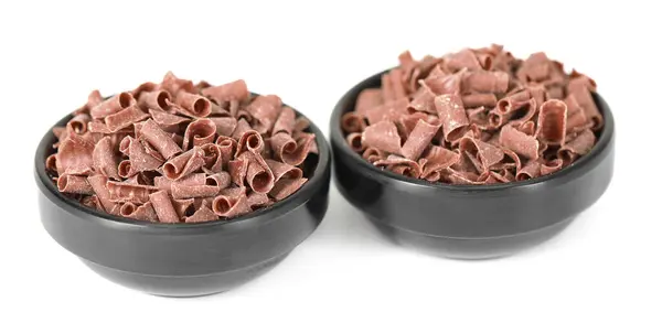 Heerlijke Chocolade Krullen Kommen Geïsoleerd Wit — Stockfoto
