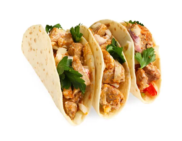 Heerlijke Taco Met Vlees Peterselie Geïsoleerd Wit — Stockfoto