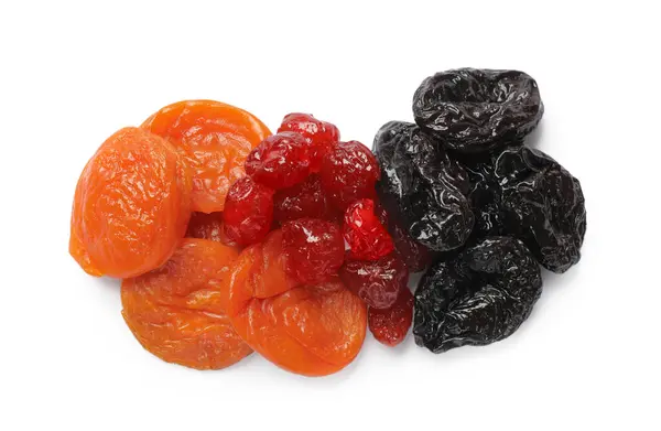 Mistura Deliciosas Frutas Secas Isoladas Branco Vista Superior — Fotografia de Stock