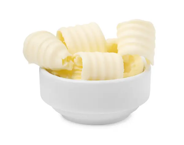 Cachos Manteiga Saborosos Tigela Isolada Branco — Fotografia de Stock
