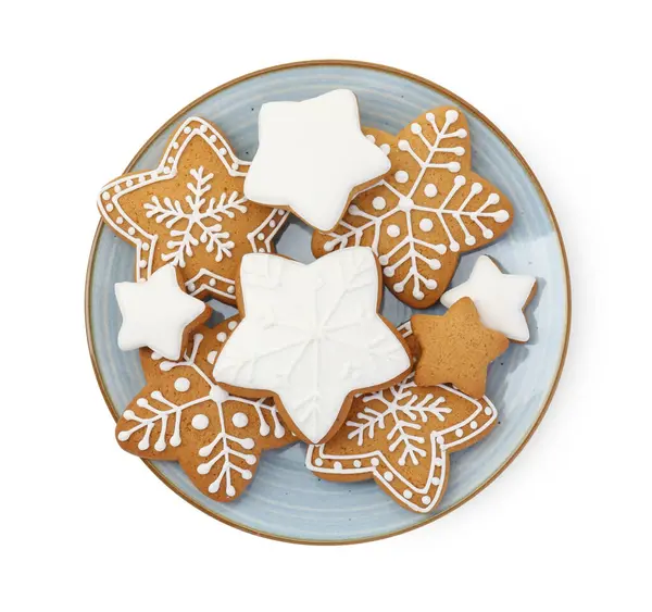 Biscoitos Natal Forma Estrela Saborosa Com Gelo Isolado Branco Vista — Fotografia de Stock