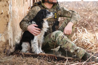 Sokak köpekli Ukraynalı asker dışarıda oturuyor, yakın plan.