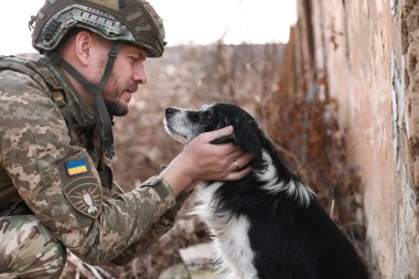 Ukraynalı asker korkmuş sokak köpeğini okşuyor.