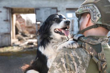 Ukraynalı asker sokak köpeğini kurtarıyor. Metin için boşluk