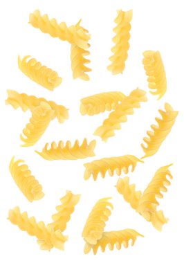 Beyaz arka planda uçuşan çiğ fusilli makarna