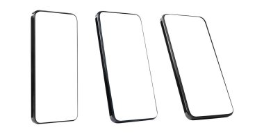 Beyaz arka planda boş ekranı olan akıllı telefon, farklı açılar. Tasarım için model