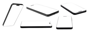Beyaz arka planda boş ekranı olan akıllı telefon, farklı açılar. Tasarım için model