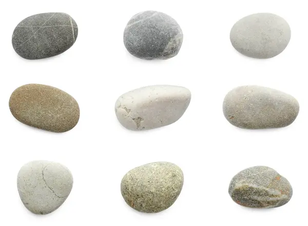 Mořské Oblázky Různé Kameny Izolované Bílém Set — Stock fotografie