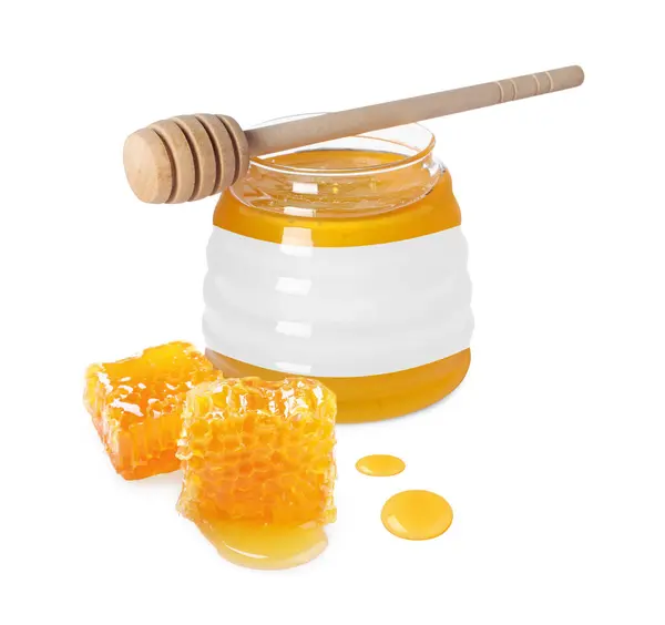 Γλυκό Μέλι Γυάλινο Βάζο Λευκή Ετικέτα Ξύλινη Κουτάλα Μελιού Και — Φωτογραφία Αρχείου