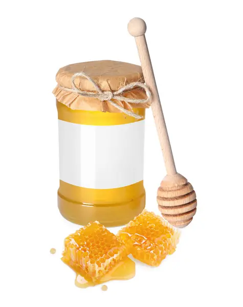 Γλυκό Μέλι Γυάλινο Βάζο Λευκή Ετικέτα Ξύλινη Κουτάλα Μελιού Και — Φωτογραφία Αρχείου