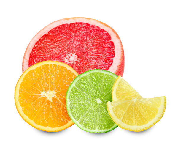 Цитрусовые. Свежий грейпфрут, апельсин, лимоны и лайм на белом фоне