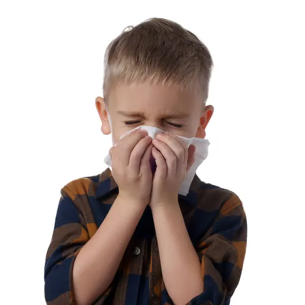 Kranker Junge Mit Husten Auf Weißem Hintergrund Erkältungssymptome Stockbild