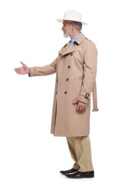 Üst düzey biri beyaz arka planda birini selamlıyor.