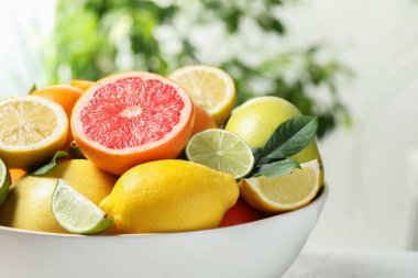 Farklı taze narenciye ve yapraklar bulanık arka planda, yakın planda.