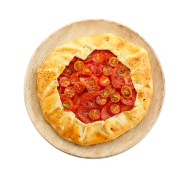 Lezzetli domates galeti (Caprese galette) beyaz, üst görünüm izole