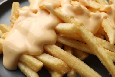 Tabağında peynir sosu olan lezzetli patates kızartmaları, yakın plan.