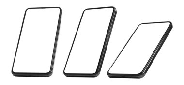 Beyaz arka planda boş ekranı olan akıllı telefon, farklı açılar. Tasarım için model