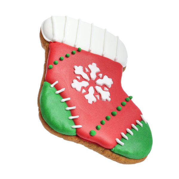 Christmas cookie in shape of stocking isolated on white