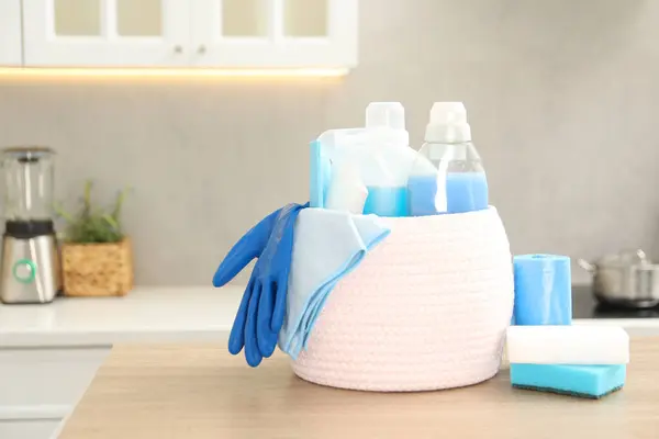 Different Cleaning Supplies Basket Table Space Text — Stock Photo, Image