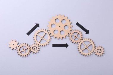 İş süreci organizasyonu ve optimizasyonu. Ahşap şekiller ve arkaplandaki oklarla en üst görünüm şeması