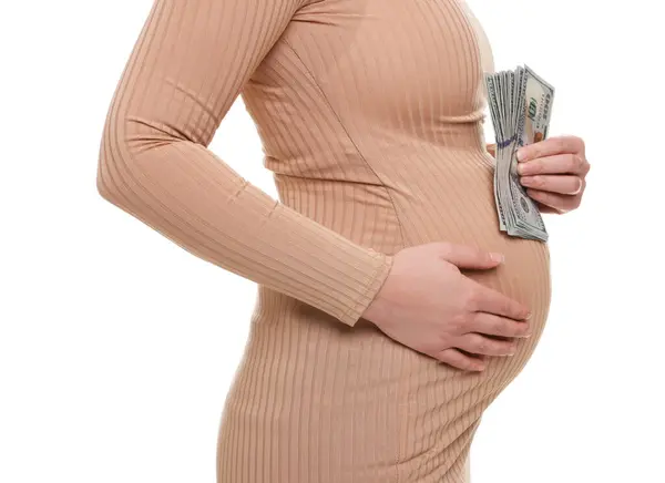 Taşıyıcı Anne Beyaz Arka Planda Dolar Banknotları Olan Hamile Kadın — Stok fotoğraf
