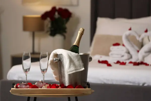 Honeymoon Sparkling Wine Glasses Wooden Table Room Stock Image