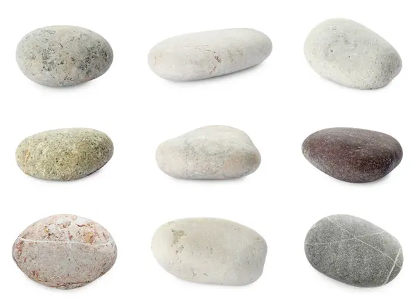 Mořské Oblázky Různé Kameny Izolované Bílém Set — Stock fotografie