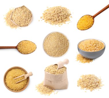 Beyaz üzerine izole edilmiş farklı bulgur türleri, set