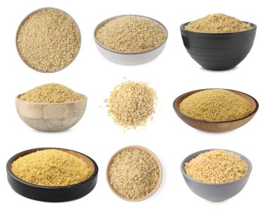 Beyaz üzerine izole edilmiş farklı bulgur türleri, set