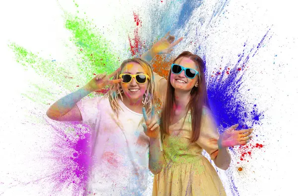 Holi Festival Celebration Happy Women Covered Colorful Powder Dyes White — Stock Photo, Image