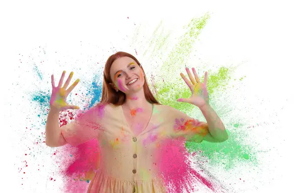 Celebración Del Festival Holi Mujer Feliz Cubierta Con Coloridos Tintes — Foto de Stock