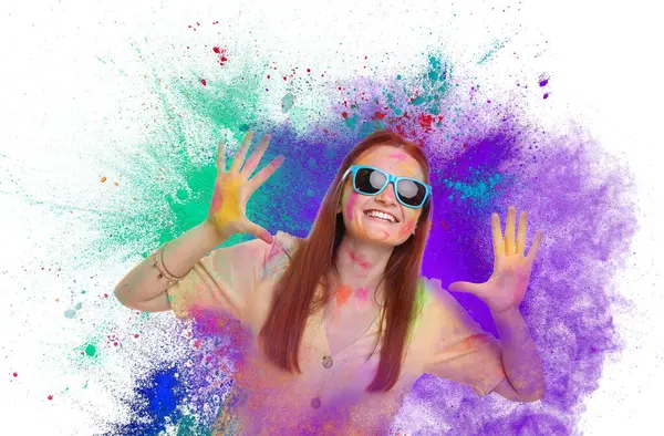 Holi Festival Celebration Happy Woman Covered Colorful Powder Dyes White — Stock Photo, Image
