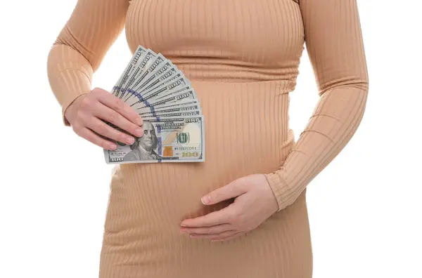 Madre Subrogada Mujer Embarazada Con Billetes Dólar Sobre Fondo Blanco —  Fotos de Stock